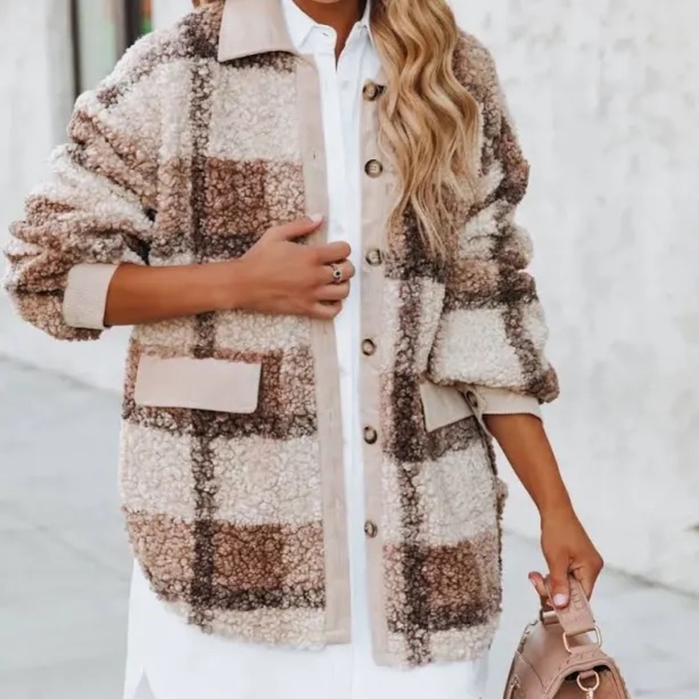 Alaska Plaid Pocketed Teddy Jacket